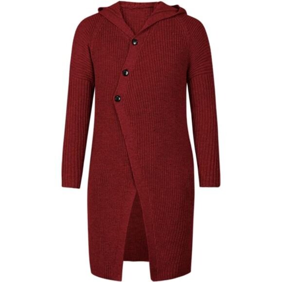 Men's Long Cardigan Sweater Hood Button Closure Long Sleeve Knit Coat - Picture 2 of 6